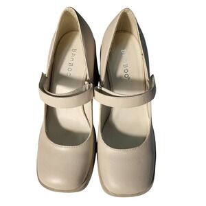 Bamboo Mary Jane Pumps Chunky Heels Platform Beige Shoes SIZE 6 /36